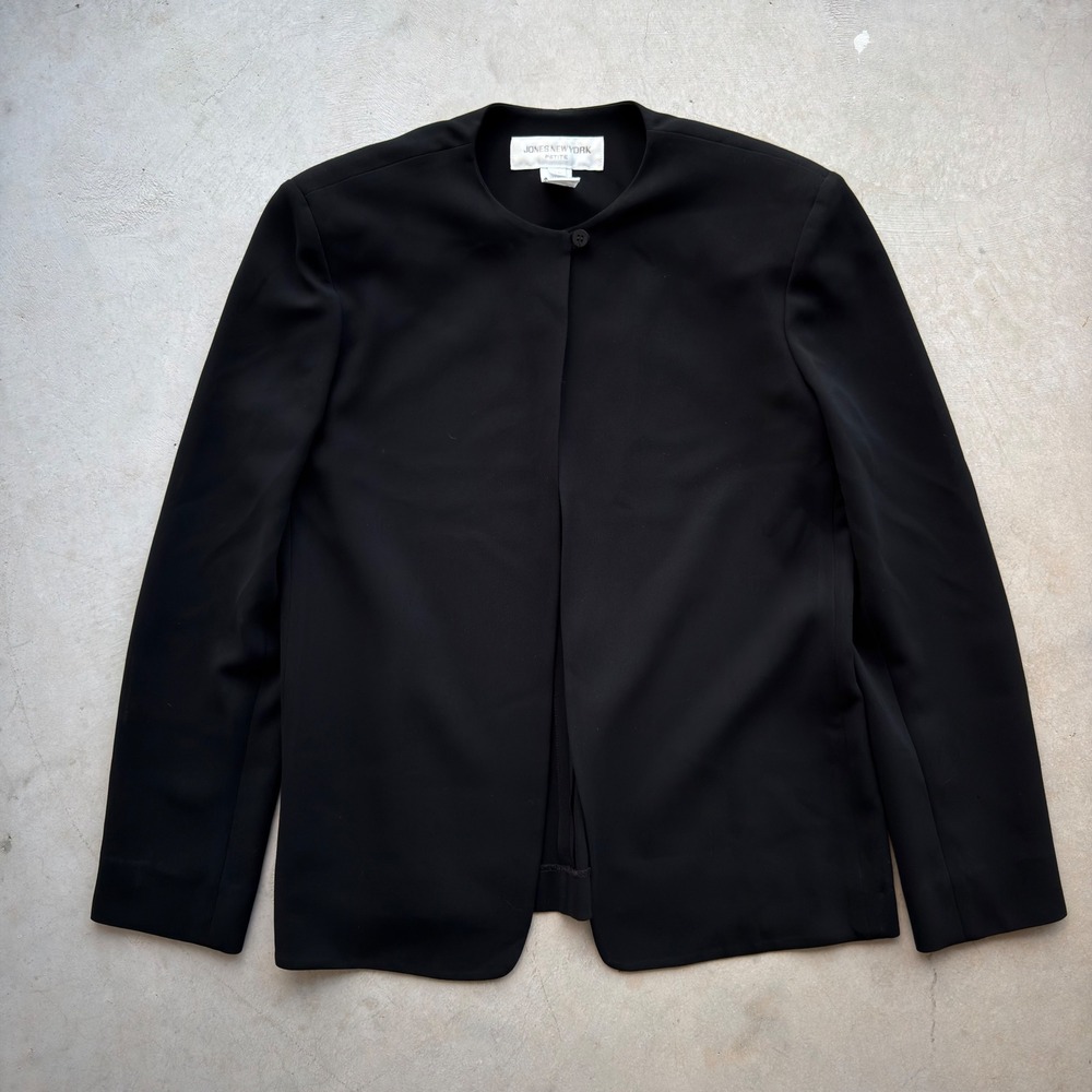 Jones New York Petite Black Collarless Blazer Single Button Crepe Jacket 6P